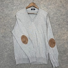 Hackett Cotton Cashmere V Neck Sweater Mens XL Suede Elbow Patch Lightweight picture