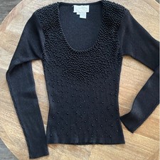 Cache Women's Glam Chic Party Beaded Round-Neck Knit Top Small picture