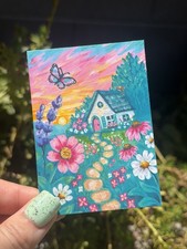 ACEO PRINT Limited Edition Painting Cottage Flower Landscape Art shaped.by.sykes picture