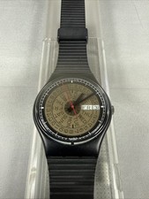 Vintage 1985 Swatch Classic 85 GB706 Day Date Black Swiss Watch w/ Case Working picture