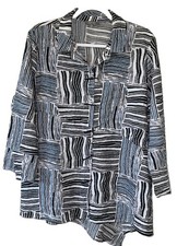 Habitat Blue Black Artsy Colorblock Lagenlook Tunic Unique Button Shirt L picture