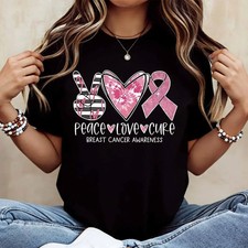 Peace Love Cure Breast Cancer Awareness Print T Shir picture