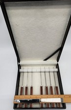 Vintage Samurai Japan 8 Steak Knives MCM Wood Handles Stainless Steel w/ Case picture