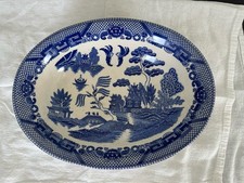 Vintage Blue Willow White Blue Japanese Transfer Ware Serving Ceramic Oval Tray picture