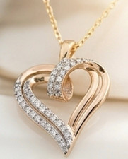 925 Sterling Silver Gold Diamond  Heart Charm Pendant Necklace WhiteCable Chain picture