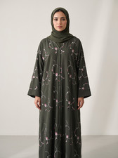 Women’s Green Embroidered Abaya Full Length Modest Dress with Matching Hijab picture