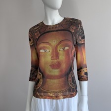 Rare 1997 Vivienne Tam mesh 3/4 sleeve Buddha print top Size 3 picture
