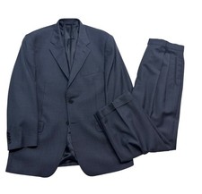 vtg 90s Zanieri Italy 44S 35x28 Navy Blue Plaid 2pc Pant Suit Tasmania Wool picture