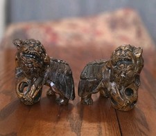 Vintage Pair Of Chinese Foo Dogs Carved Elmwood Male And Female  picture