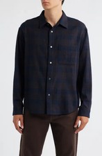 FRAME Shirt Mens Large Navy Burgundy Plaid 100% Wool Flannel Pocket $268 picture