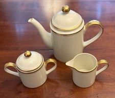 Vintage Fitz and Floyd Palais Buff Coffee Pot Creamer Sugar Bowl Set Gold Trim picture