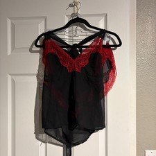 Adore Me Lingerie Set Black Red Lace Sheer Babydoll Top Tap Shorts Large picture