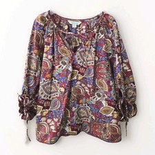 Sundance Belladonna Beauty 100% Cotton Burgundy Paisley Festival Peasant Top M picture