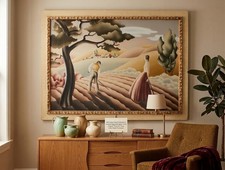 VTG Turner Airbrush Farm Landscape Painting Framed Regionalist Art Deco MCM  picture