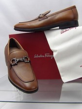NIB FERRAGAMO REE BROWN LEATHER LOGO GANCINI LOAFERS 8 EE ITALY picture