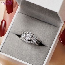 Round Simulated Diamond Bridal Set Gorgeous Wedding Ring 14K White Gold Plated picture