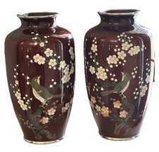 Antique 2 Japanese Ginbari Akasuke Foil Cloisonne Enamel Pigeon Blood Vases Bird picture