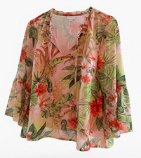 J.Jill Women’s Pink Tropical Floral Chiffon V-Neck Tie 3/4 Bell Sleeve L picture