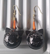 Gorgeous Vintage Black Cat Metal Bell Dangle Halloween Earrings w brass findings picture
