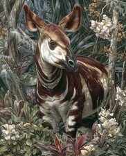 Okapi Standing in Flowering Tropical Forest Print - 346738194 picture