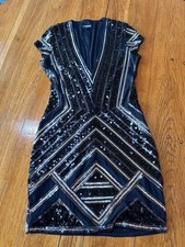 Express Sequin Mini Dress Size S Petite Black Silver V-Neck Cocktail picture