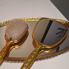 Vintage Gold Tone Ornate Handheld Mirror & Hair Brush Vanity Set Metal Glass picture