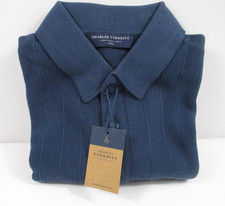 -NWT Charles Trywhitt Steel Blue Stripe Texture Short Sleeve Knitted Polo Sz S picture