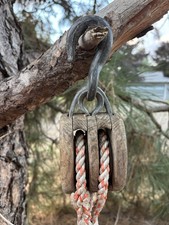 Vintage Wood Block & Tackle Double Pulley Bronze Sheaves Nautical Marine Rigging picture