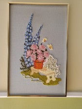 Vintage 1970s Framed Flowers on a Bench Crewel Wall Art  22.5”x 14
