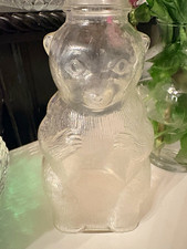 Vintage 1930s Clear Glass Bear Bottle Jar Worlds Best Beverages Salem Mass picture