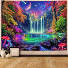 Blacklight Fantasy Waterfall Forest Tapestry 48X36 Inch picture