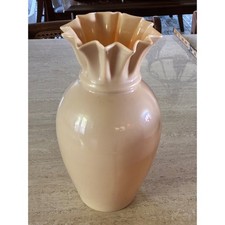 Vintage Peach Opalescent Glass Vase Ruffled Rim Mid Century Decor 12 Inch picture