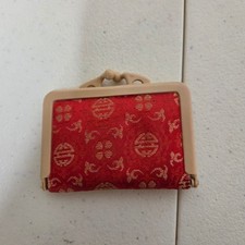 Vintage Red Gold Oriental Brocade Kiss Lock Coin Purse Small Jewelry Pouch picture