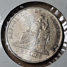 1898 Guatemala 2 Reales Silver Coin Seated Justice Quetzal Bird XF/AU picture