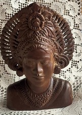 VTG BALI Wood Carved Female Bust GoddessHeaddress 9.5”Balinese Sculpture  picture