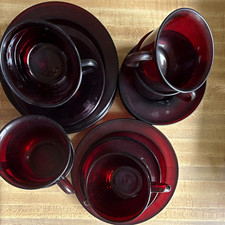 Arcoroc Ruby Red Glass Cup & Saucer Mixed Set Cranberry Pressed France picture