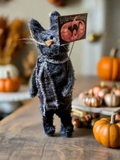 Primitive Handcrafted USA Halloween 7.5” Standing Black Cat w/Sign picture