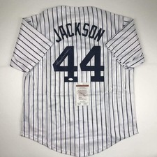 Autographed/Signed Reggie Jackson New York NY Pinstripe Jersey JSA COA picture