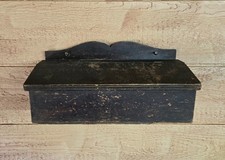 ANTIQUE PRIMITIVE TRIPLE DIVIDED HANGING WALL BOX WITH LID IN OLD DARK FINISH picture