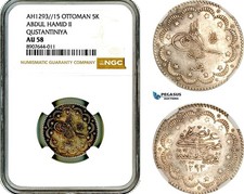 AM447, Turkey, Ottoman Empire, Abdulhamid II, 5 Kurush AH1293//15, NGC AU58 picture