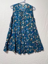 Umgee Teal Floral Tie V-Neck Sleeveless Flowy Boho Dress Size L (C5-1) picture