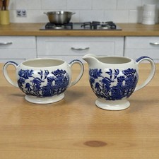 Antique Sadler Blue Willow Creamer Open Sugar Bowl Set Blue White England picture
