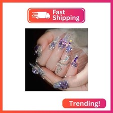 MISUD Press on Nails - Long Coffin Fake Nails with Purple Rhinestone, Acrylic Bl picture
