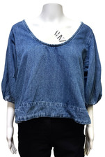 Zara Denim The Robin Blouse Blue Puff Sleeves Cropped Size XL New With Tags picture