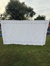 Vintage Hand Embroidered Floral Tablecloth White Scalloped Edge 114x61 picture