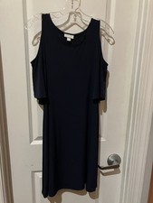 J. Jill Women's Black Solid Shift Dress Knit Cold Shoulder Round Neck Knee L picture