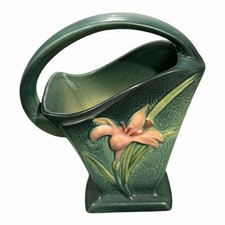 VTG Roseville Pottery Green Zephyr Lily Pink  handle basket vase 1940 MCM 8” picture