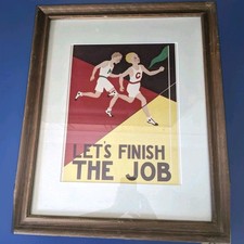 Vtg 1938 LET'S FINISH THE JOB Poster Framed Matted Art Deco Running Rare MCM picture