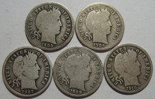 5 COINS = 1905-S 1906-S 1907-S 1908-S 1910-S BARBER Dimes, Nice Dates & Rims picture