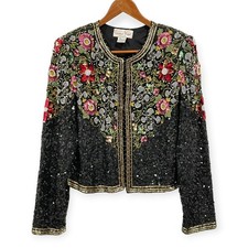 Laurence Kazar Silk Beaded Sequin Floral Crop Jacket Size L Evening Maximalist picture